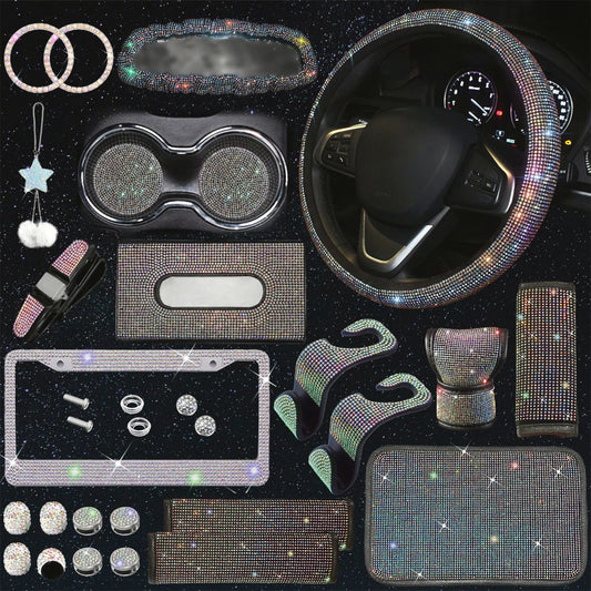 Bling Car Accessories for Women, 27pc Set Diamond Steering Wheel Cover Universal, Crystal Car Center Console Cover, Ring Emblem Sticker, Seat Headrest Hook, Rhinestone Car Decorations