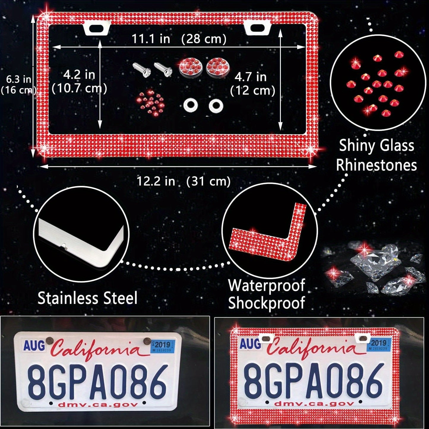 27pcs Red Glitter Car Accessories Set for Women, Glitter Steering Wheel Cover Universal Size 15 Inch, Glitter License Plate Frame, Glitter Phone Holder, Glitter Car Coaster