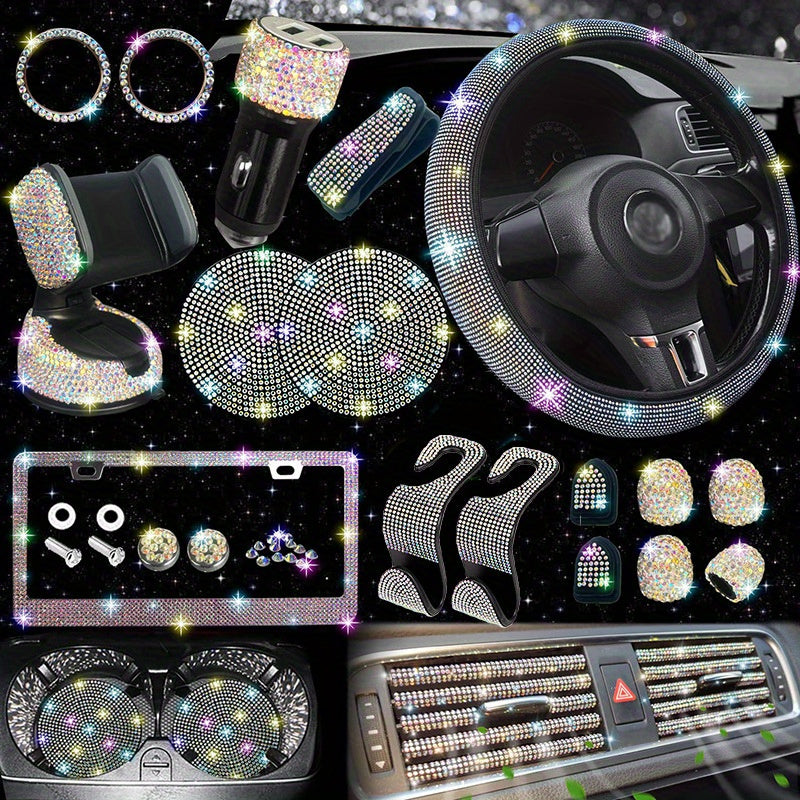 27pcs Red Glitter Car Accessories Set for Women, Glitter Steering Wheel Cover Universal Size 15 Inch, Glitter License Plate Frame, Glitter Phone Holder, Glitter Car Coaster