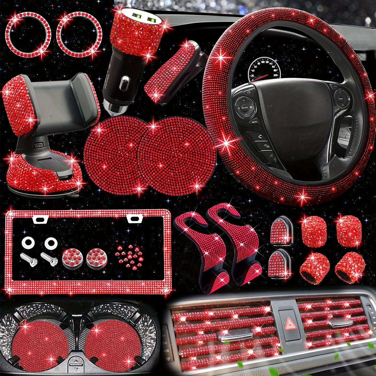 27pcs Red Glitter Car Accessories Set for Women, Glitter Steering Wheel Cover Universal Size 15 Inch, Glitter License Plate Frame, Glitter Phone Holder, Glitter Car Coaster