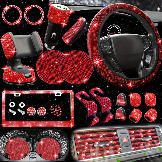 27pcs Red Glitter Car Accessories Set for Women, Glitter Steering Wheel Cover Universal Size 15 Inch, Glitter License Plate Frame, Glitter Phone Holder, Glitter Car Coaster