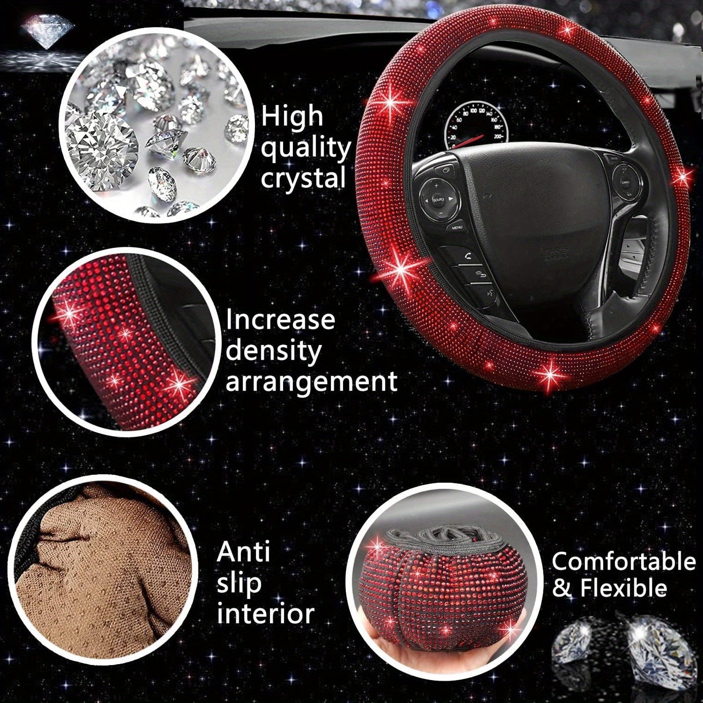 27pcs Red Glitter Car Accessories Set for Women, Glitter Steering Wheel Cover Universal Size 15 Inch, Glitter License Plate Frame, Glitter Phone Holder, Glitter Car Coaster