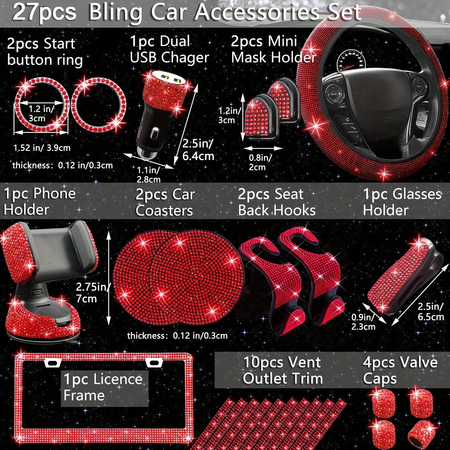 27pcs Red Glitter Car Accessories Set for Women, Glitter Steering Wheel Cover Universal Size 15 Inch, Glitter License Plate Frame, Glitter Phone Holder, Glitter Car Coaster