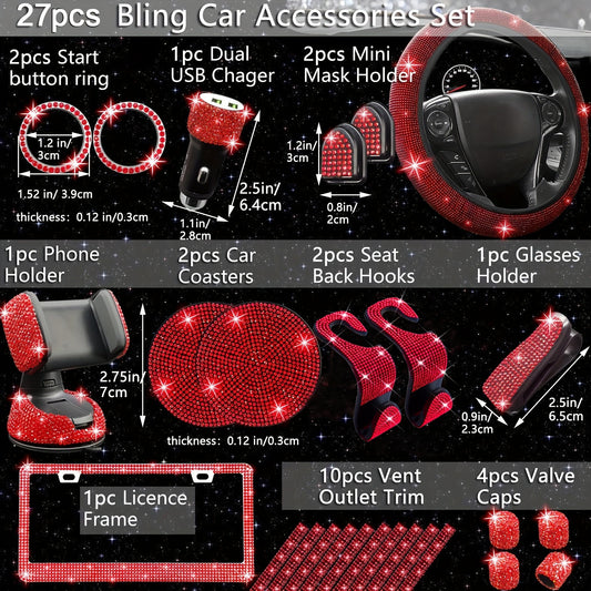 27pcs Red Glitter Car Accessories Set for Women, Glitter Steering Wheel Cover Universal Size 15 Inch, Glitter License Plate Frame, Glitter Phone Holder, Glitter Car Coaster