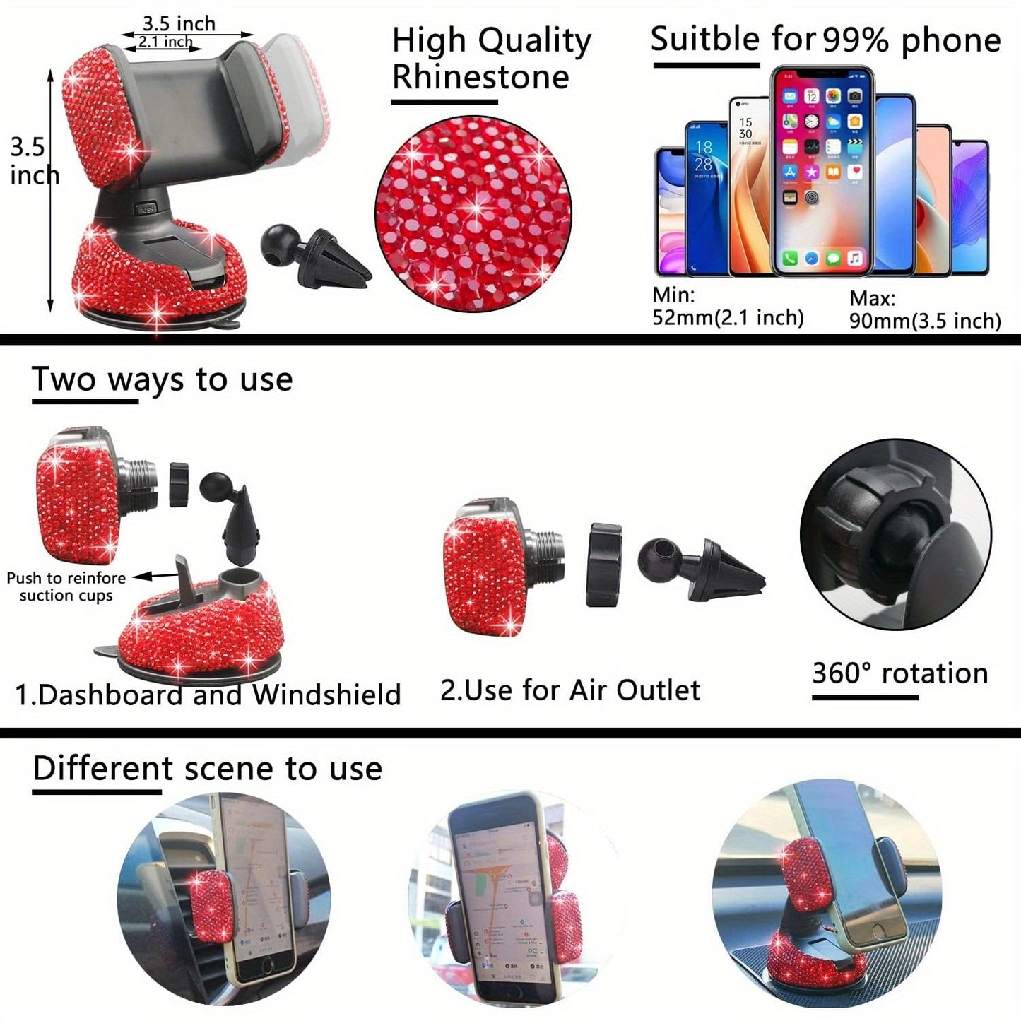 27pcs Red Glitter Car Accessories Set for Women, Glitter Steering Wheel Cover Universal Size 15 Inch, Glitter License Plate Frame, Glitter Phone Holder, Glitter Car Coaster