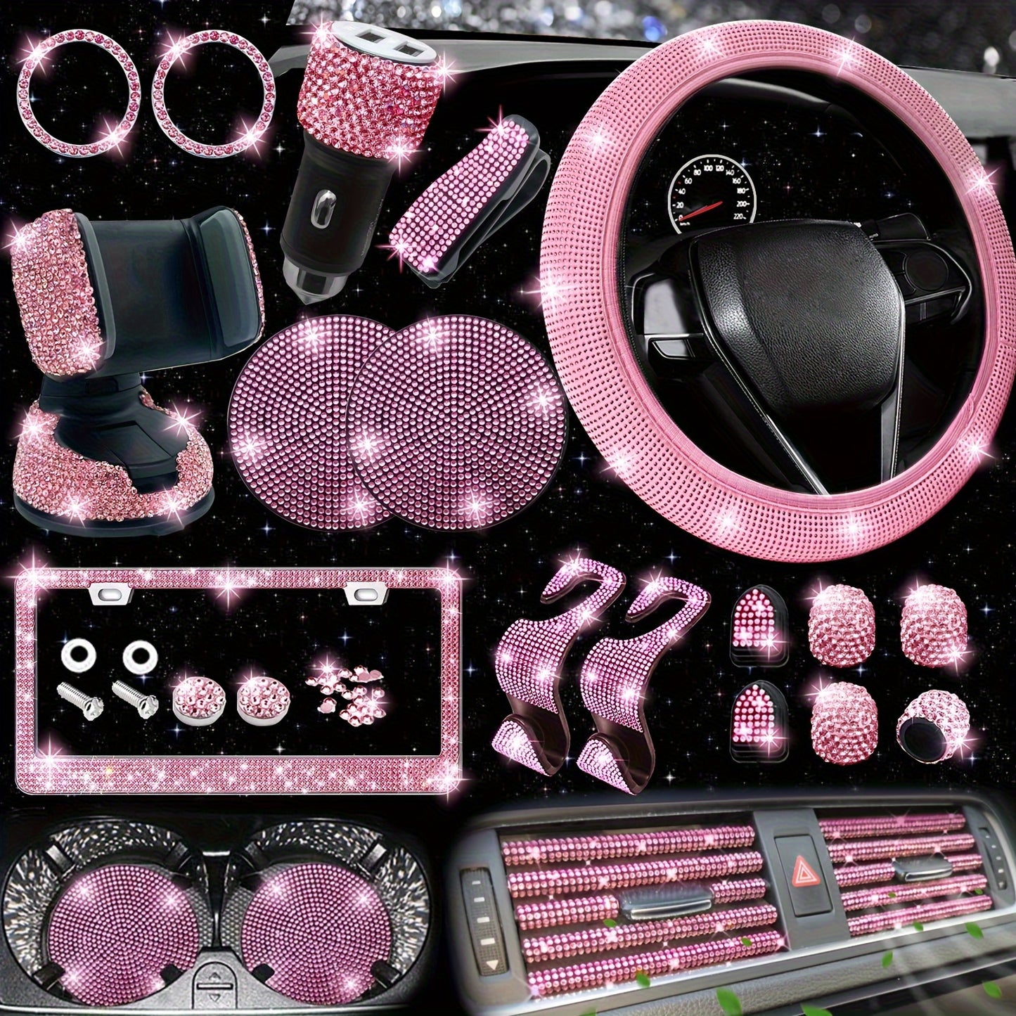 27pcs Red Glitter Car Accessories Set for Women, Glitter Steering Wheel Cover Universal Size 15 Inch, Glitter License Plate Frame, Glitter Phone Holder, Glitter Car Coaster