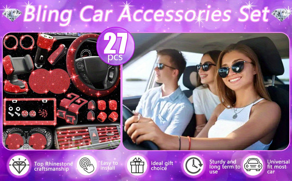 27pcs Red Glitter Car Accessories Set for Women, Glitter Steering Wheel Cover Universal Size 15 Inch, Glitter License Plate Frame, Glitter Phone Holder, Glitter Car Coaster