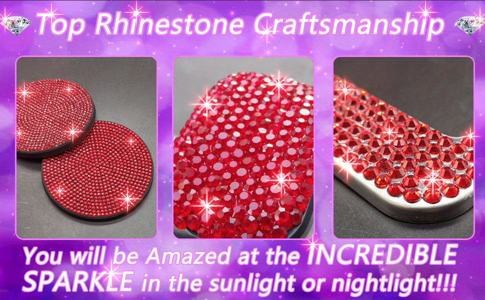 27pcs Red Glitter Car Accessories Set for Women, Glitter Steering Wheel Cover Universal Size 15 Inch, Glitter License Plate Frame, Glitter Phone Holder, Glitter Car Coaster