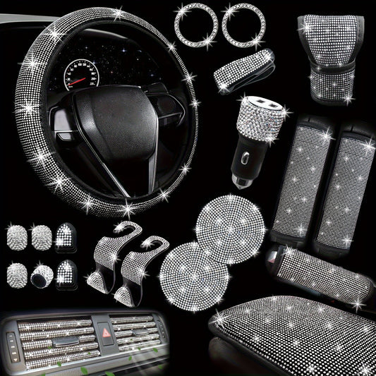 30pcs Bling Car Accessories Set for Women, Steering Wheel Covers Universal Fit 15 Inch, Seat Belt Covers, Armrest Cover, Gear Shift Covers