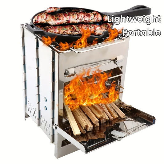 1pc Stainless Steel Charcoal Stove, Portable Folding Wood Stove For Outdoor Cooking, Sturdy Lightweight Wood Burning Camp Stove With Grill For Backpacking BBQ Picnic, BBQ Tools, BBQ Accessories, Grill Accessories, Beach Vacat