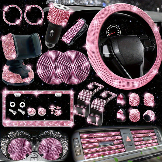 27 PCs Pink Bling Car Accessories Set For Women, Bling Steering Wheel Covers Universal Fit 15 Inch, Bling License Plate Frame, Bling Phone Holder, Bling Car Coasters