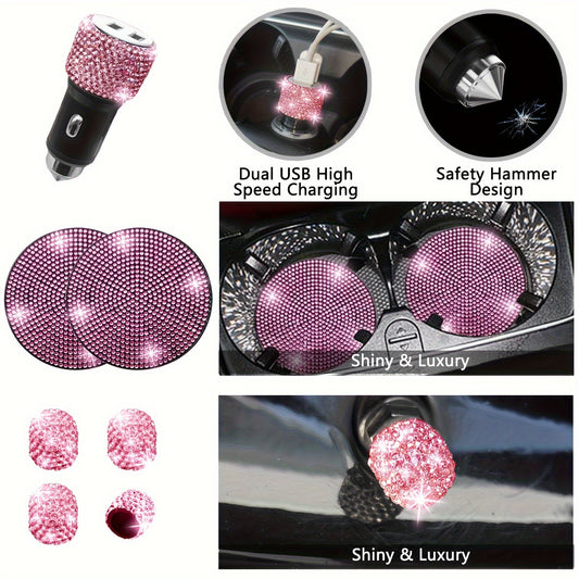 27 PCs Pink Bling Car Accessories Set For Women, Bling Steering Wheel Covers Universal Fit 15 Inch, Bling License Plate Frame, Bling Phone Holder, Bling Car Coasters